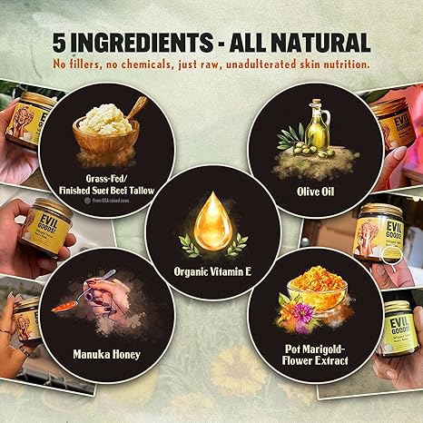 EVIL GOODs Whipped Beef Tallow and Manuka Honey Balm, 4oz, OrganicFace Cream, Moisturizer, Body Lotion.Skin Care and Lip Balm-XDX
